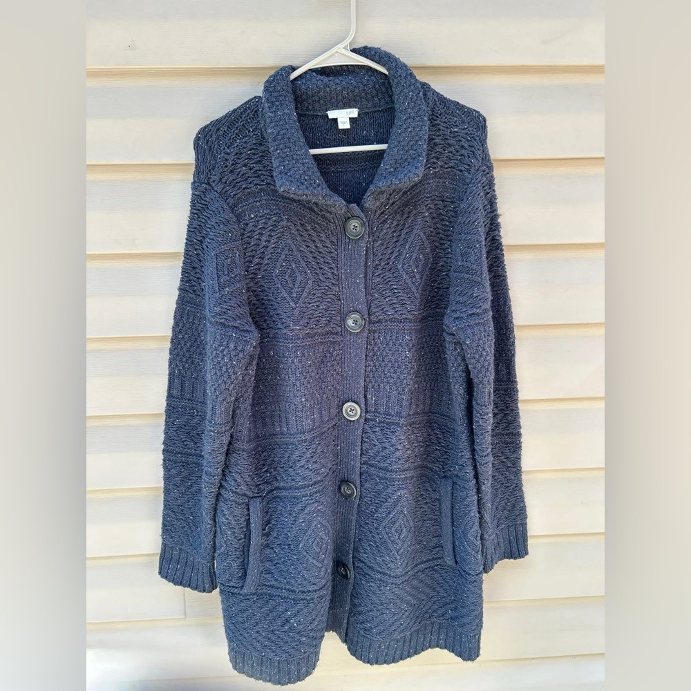 J Jill size L Navy Wool blend long chunky cable knit cardigan sweater Lagenlook